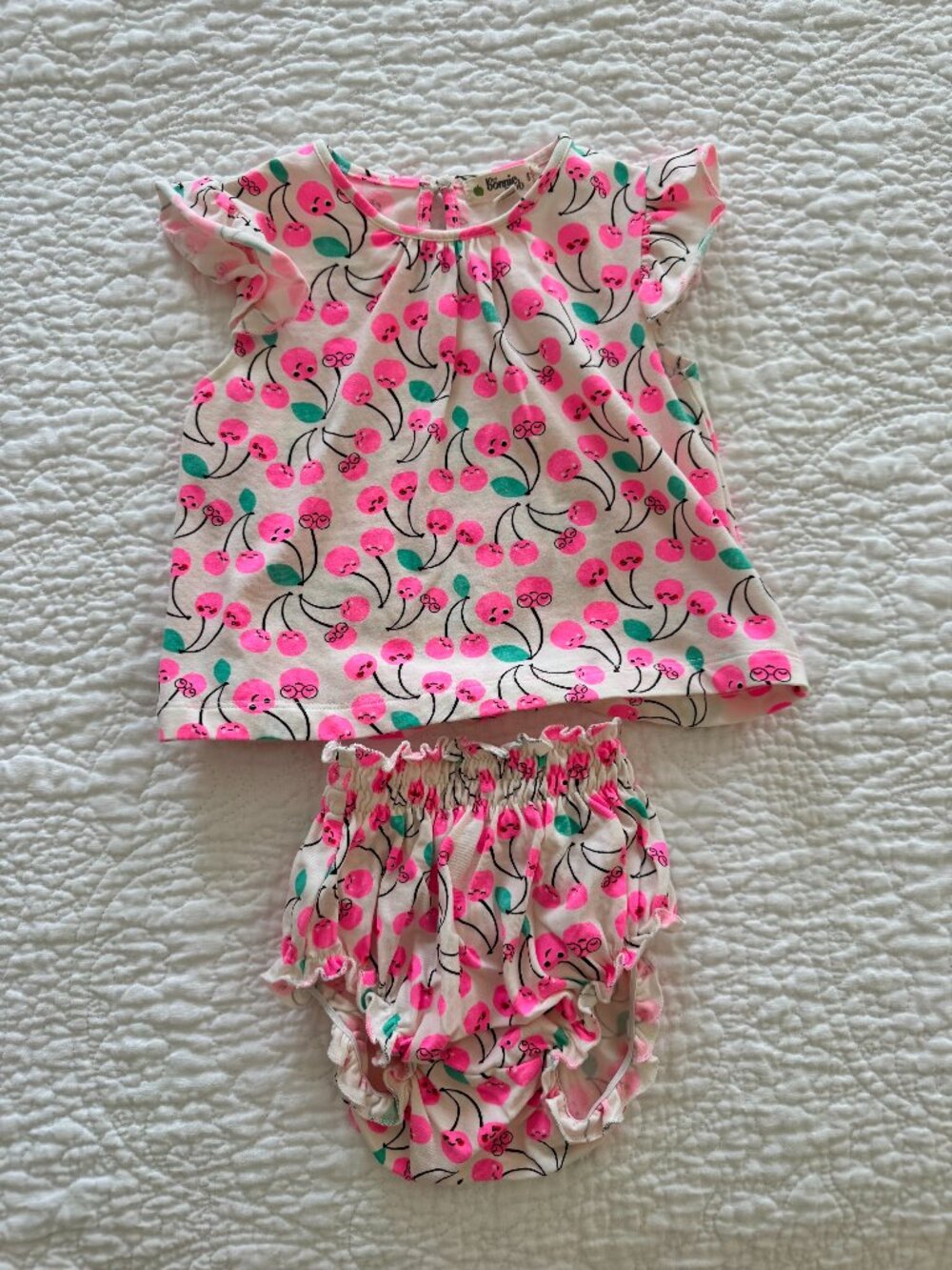 Bonnie Mob Mayflower Frill Sleeve Top And Bloomer Set - Cherries - 12/18 Months